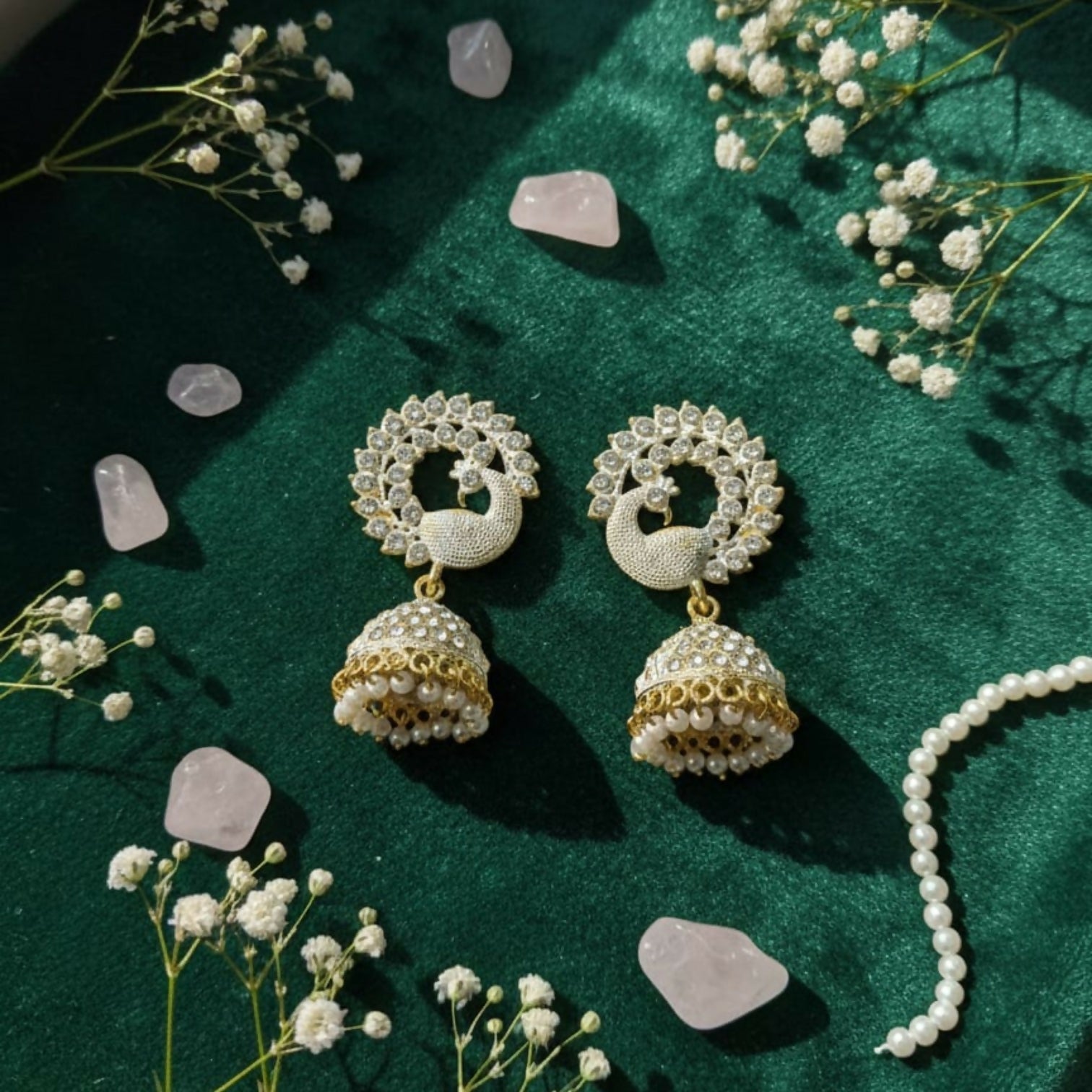 Elegant White Stone Pearl Jhumka Earrings