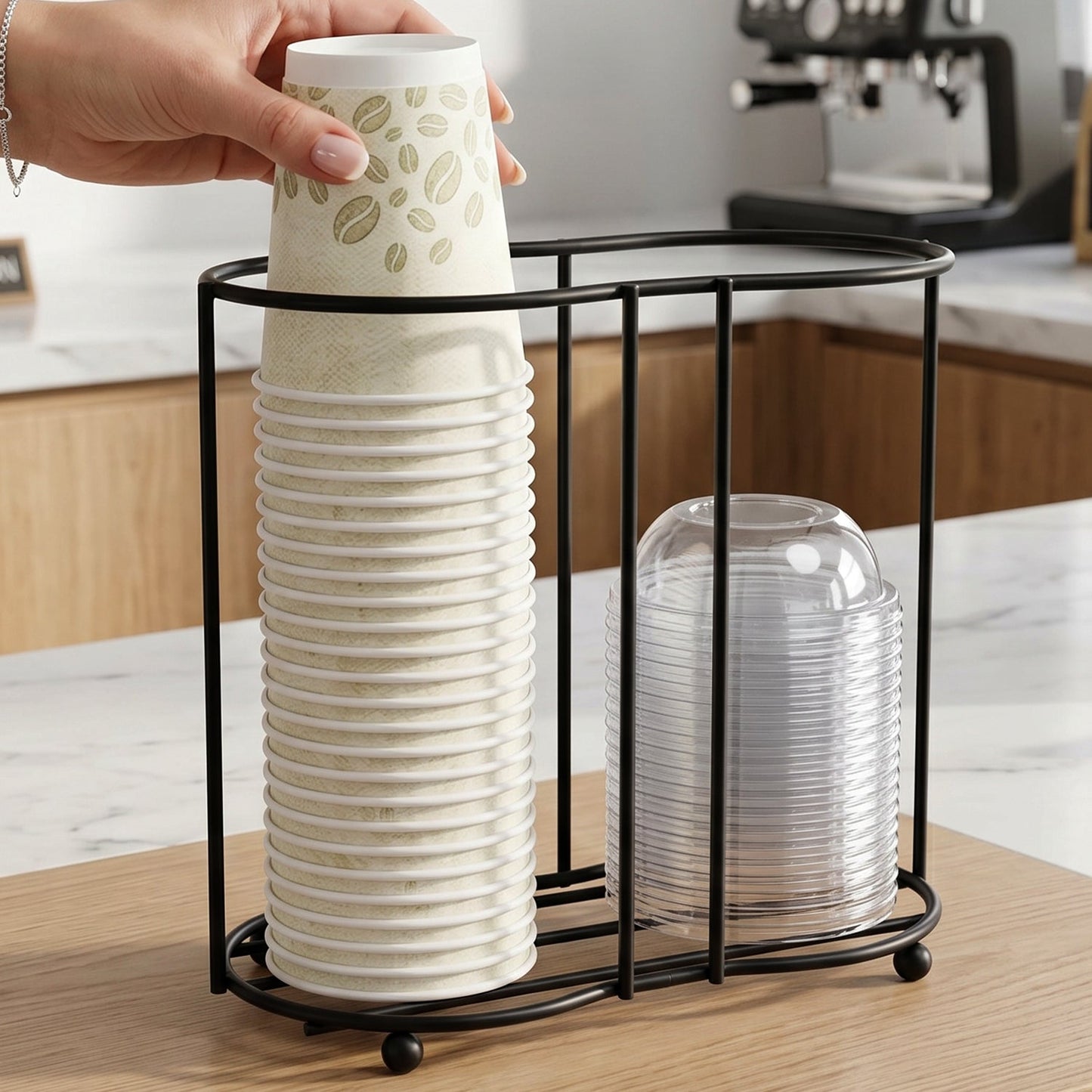 Stylish metal cup storage rack with open design for easy access