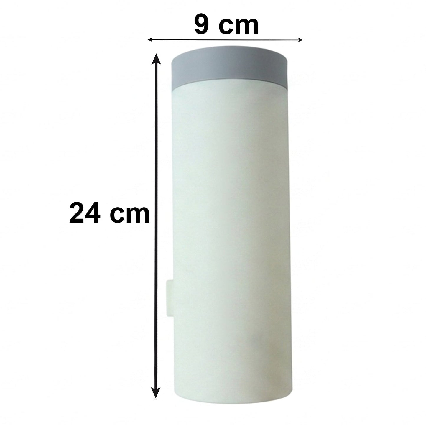 A white cylindrical cup dispenser with a gray lid, showing dimensions of 24 cm height and 9 cm width.
