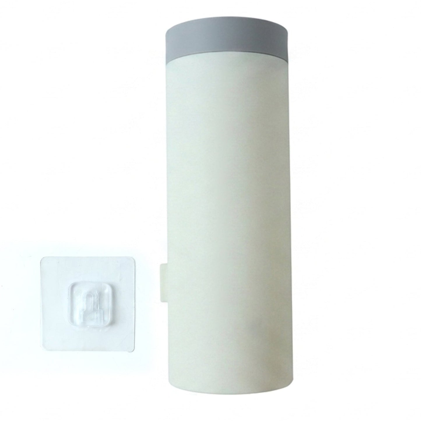 A white cylindrical cup dispenser with a gray lid and a clear adhesive wall hook, against a white background.