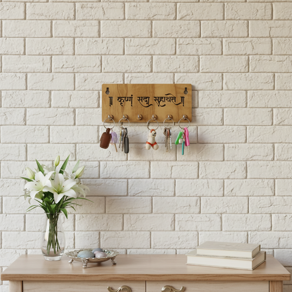 Krushnam Sada Sahayate Wooden Key Holder for Wall – Premium MDF Krishna Devotional Wall Key Organizer