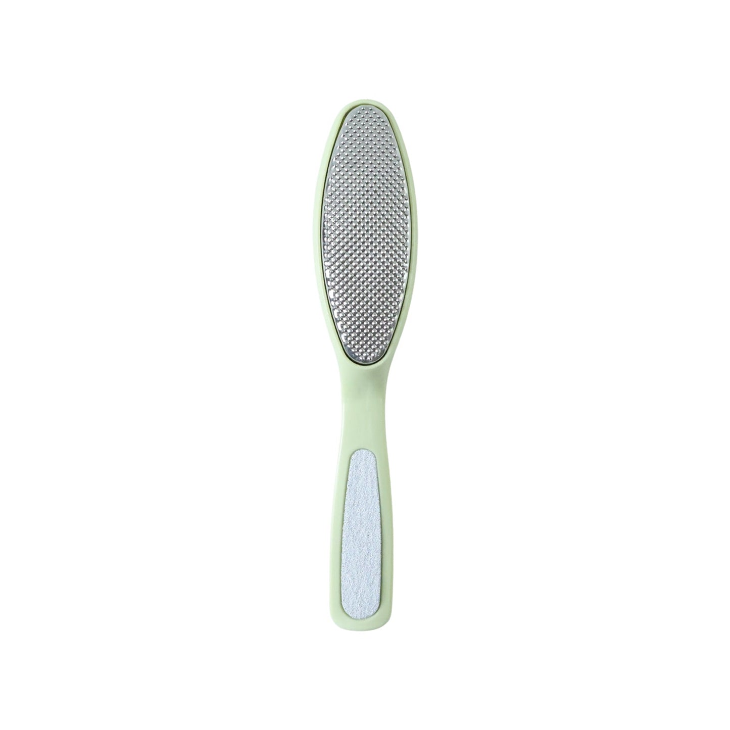 A light green dual-sided foot file with a silver textured surface on one side and a smooth silver strip on the other.