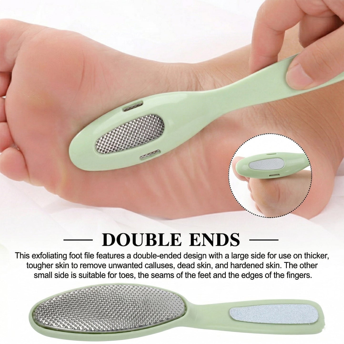 A person's foot is shown with a light green dual-sided foot file, highlighting its double-ended design for different skin