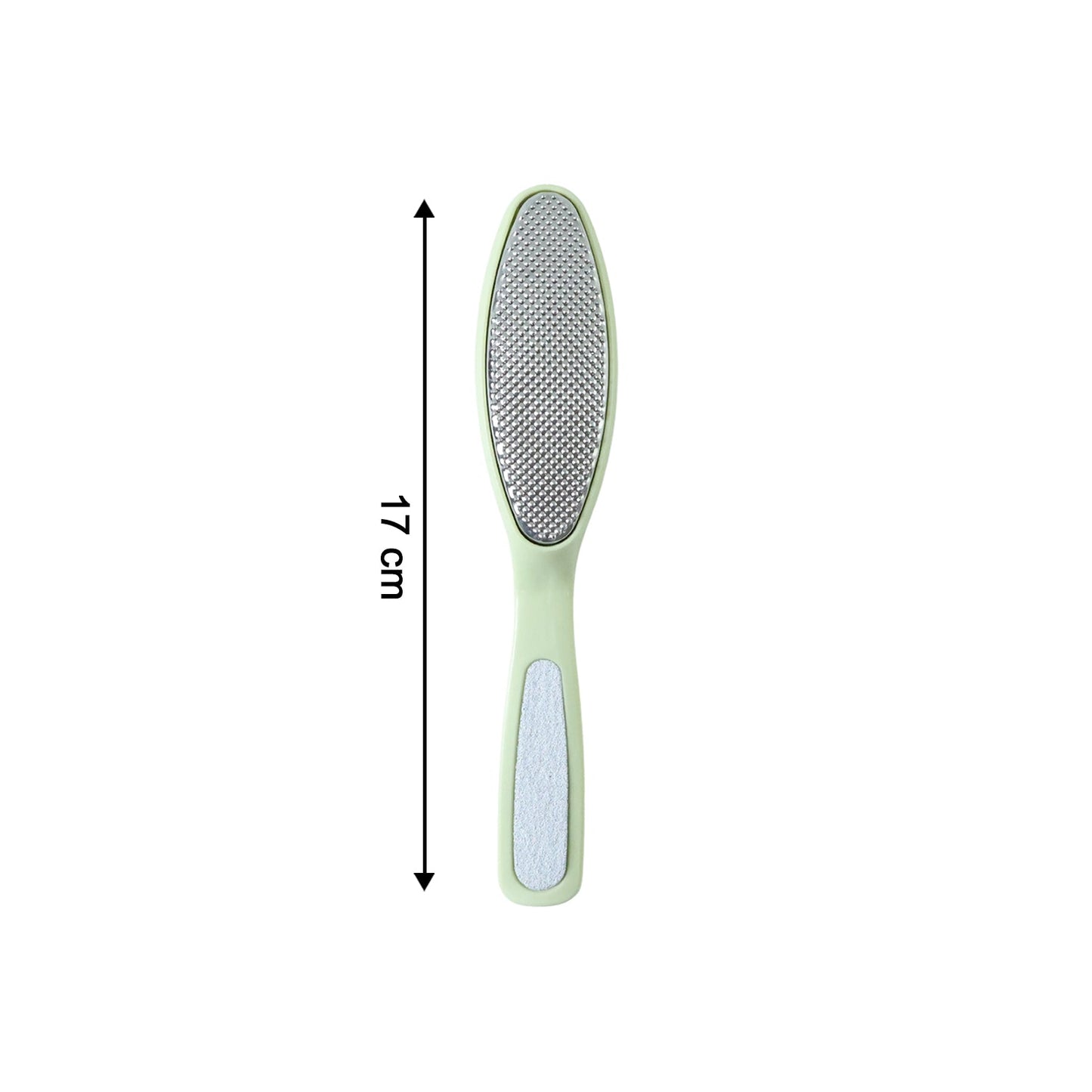 A light green dual-sided foot file with a silver textured surface, marked with a 17 cm length indicator.