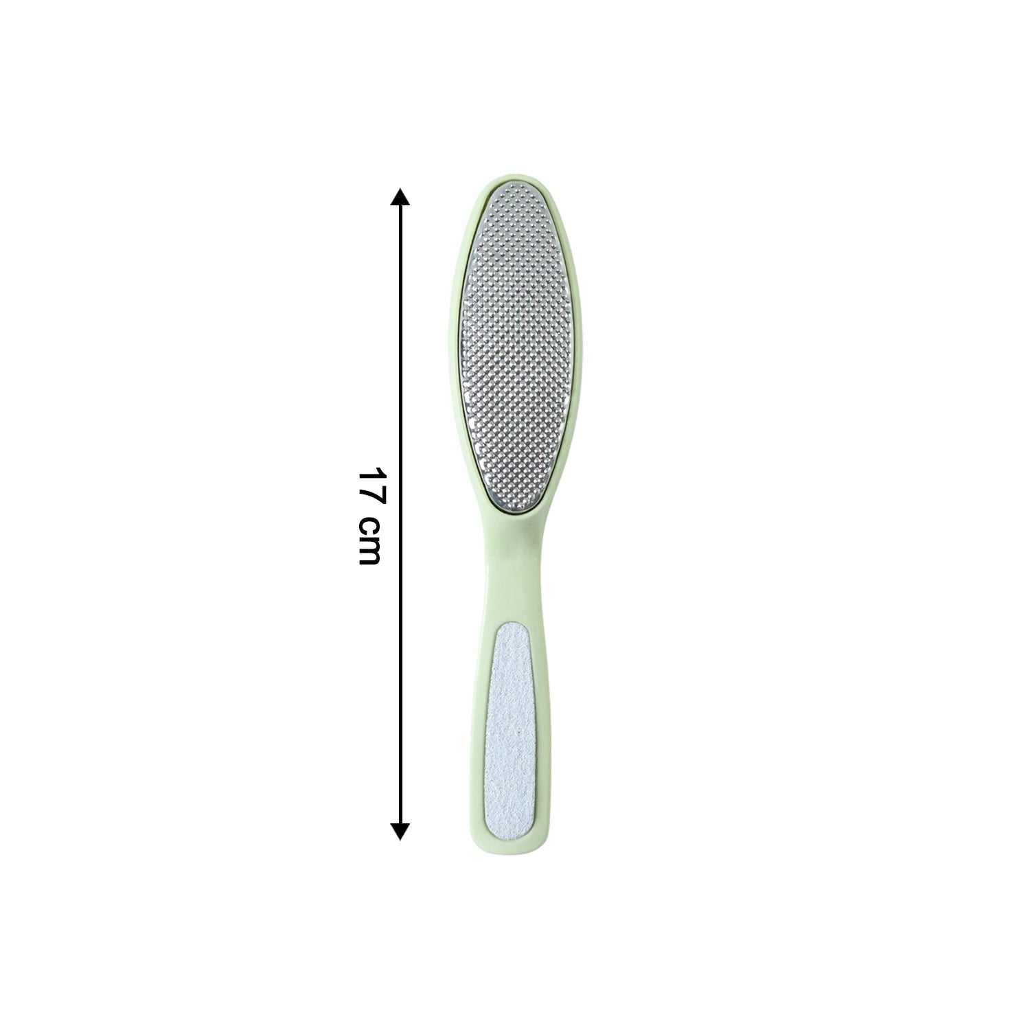 A light green dual-sided foot file with a silver textured surface, marked with a 17 cm length indicator.