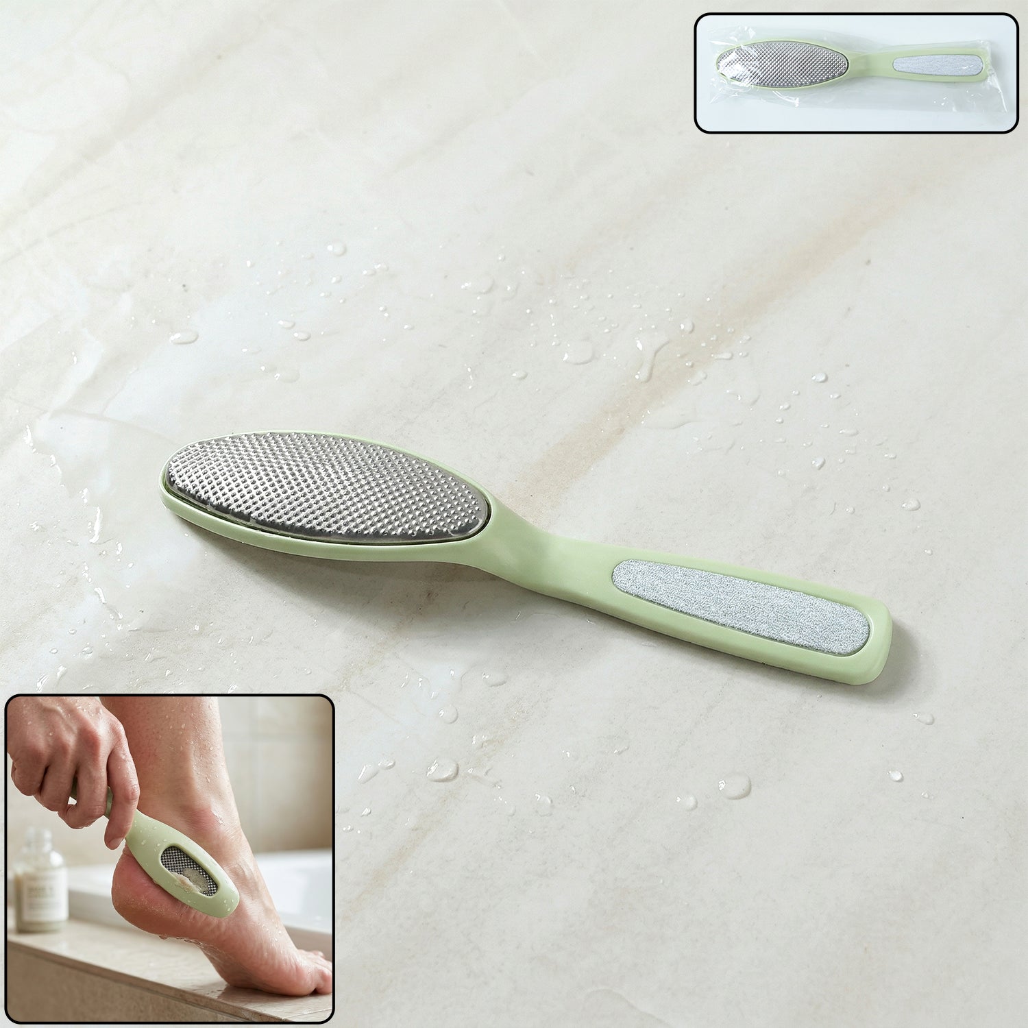 A light green dual-sided foot file lies on a wet white surface, with an inset of the file in packaging