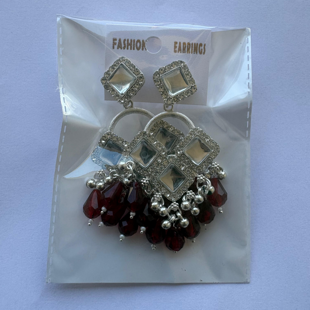 Elegant Silver Plated Chandelier Earrings Featuring Square Crystals and Maroon Teardrop Beads