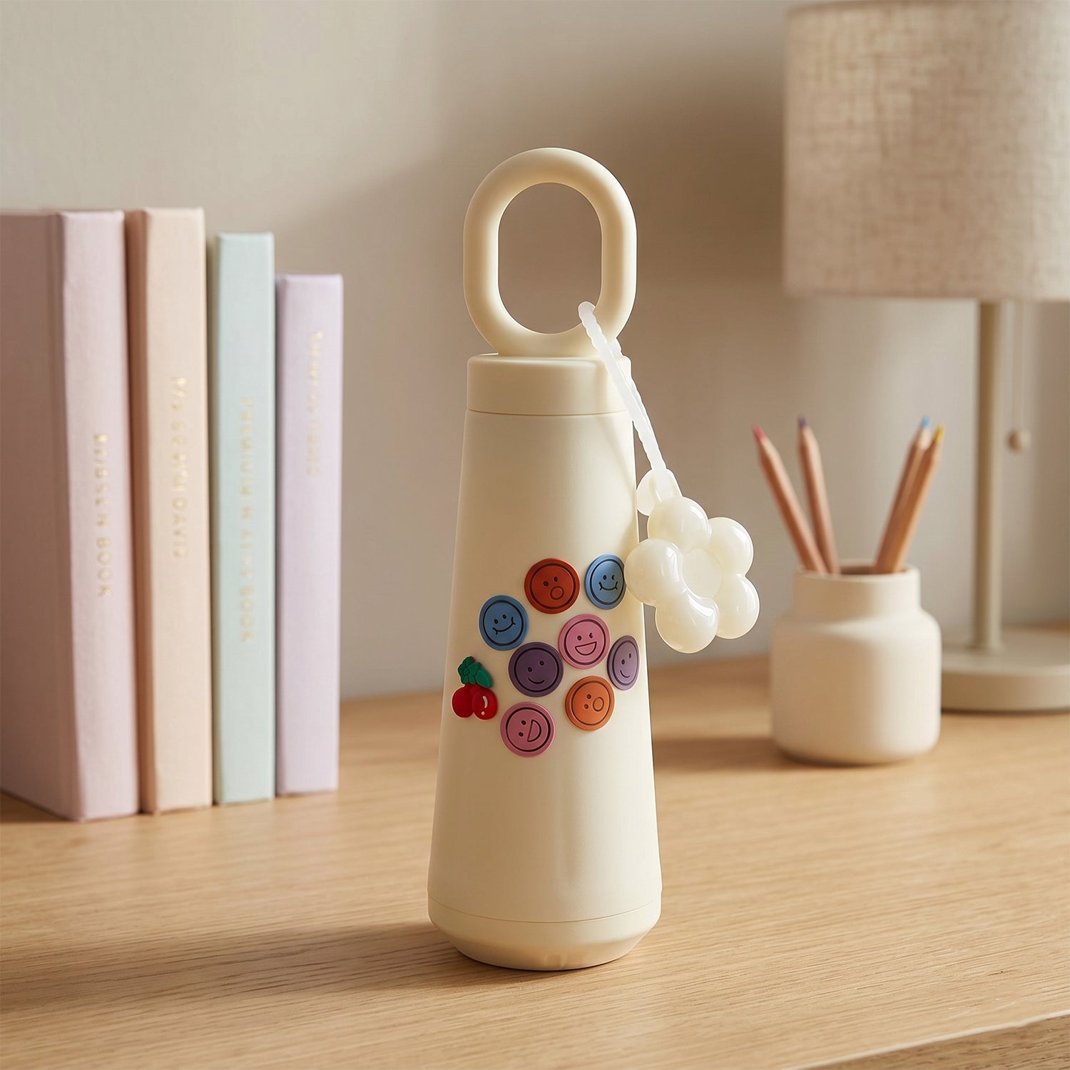 Glass water bottle with smile design and cherry motif, perfect for daily hydration