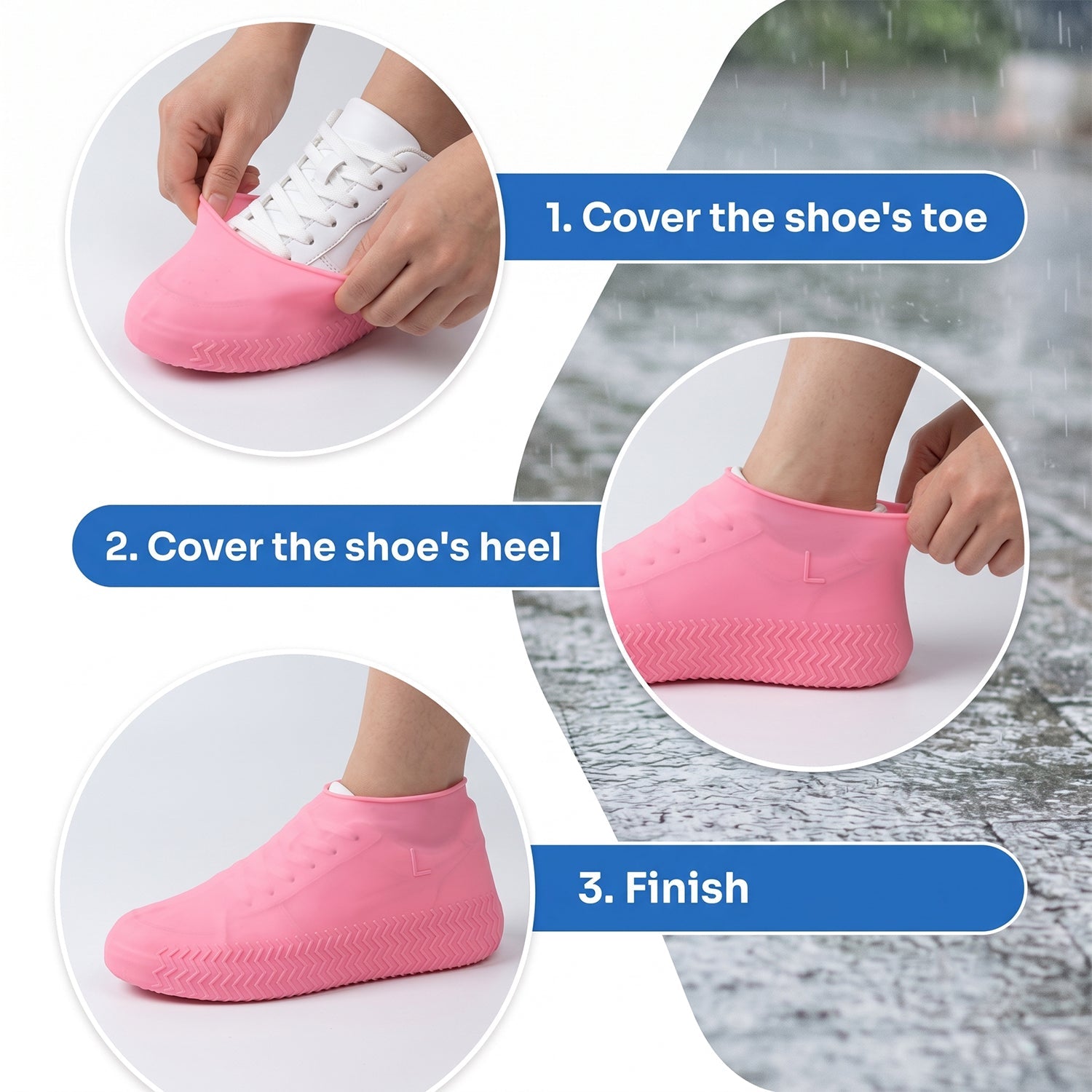 A three-step guide shows how to put on the pink silicone shoe covers: covering the toe, then the heel, then the finished