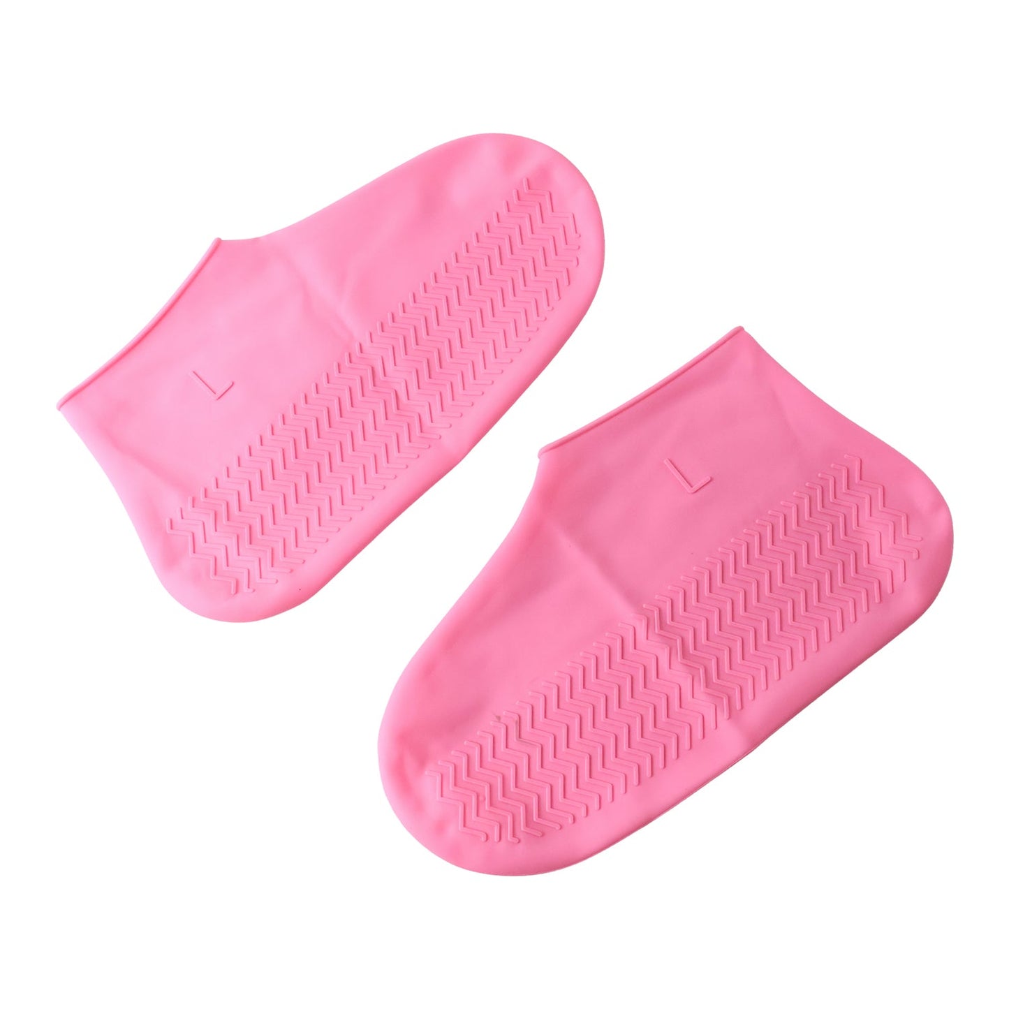Two pink silicone shoe covers, marked with an L for Large, lie flat on a white background, showing their textured soles.