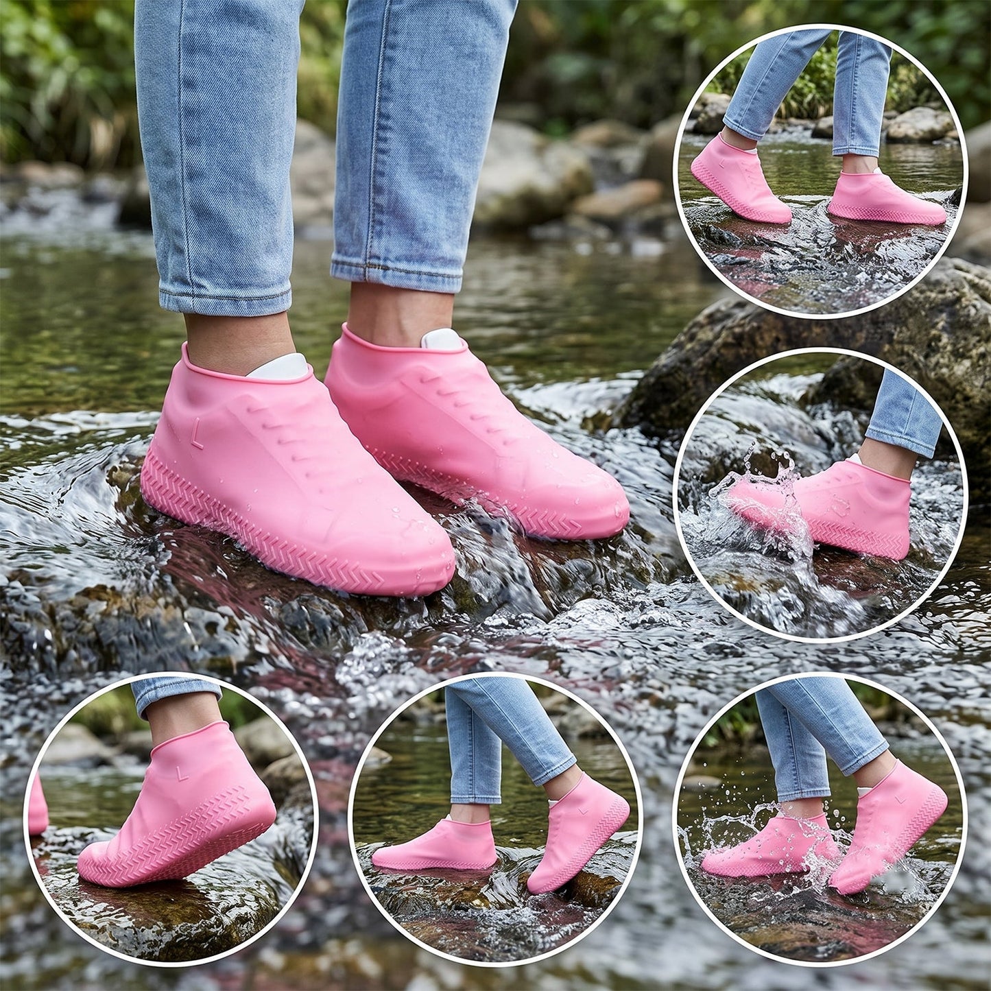 A person stands in a stream wearing pink silicone shoe covers; five circular insets show the covers in use on wet rocks.
