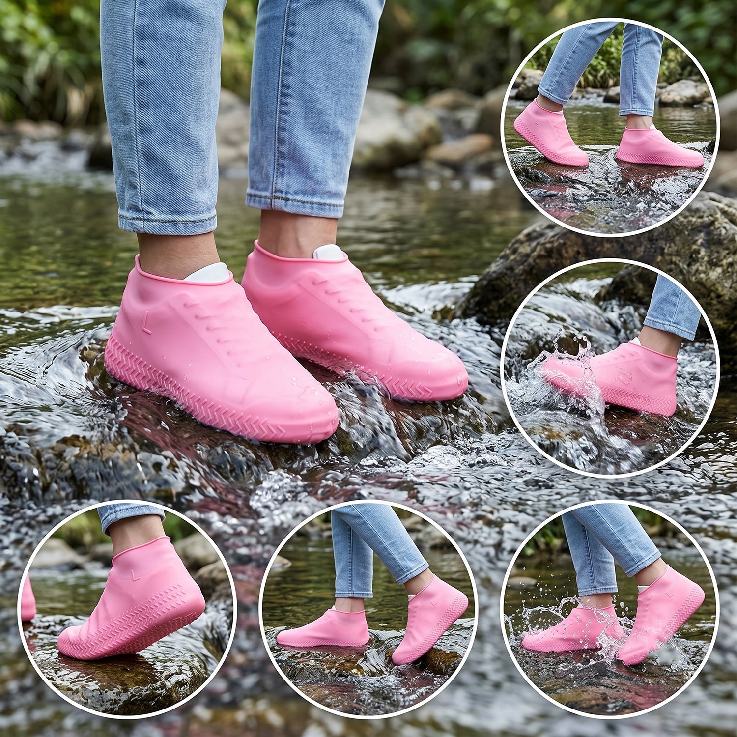 A person stands in a stream wearing pink silicone shoe covers; five circular insets show the covers in use on wet rocks.