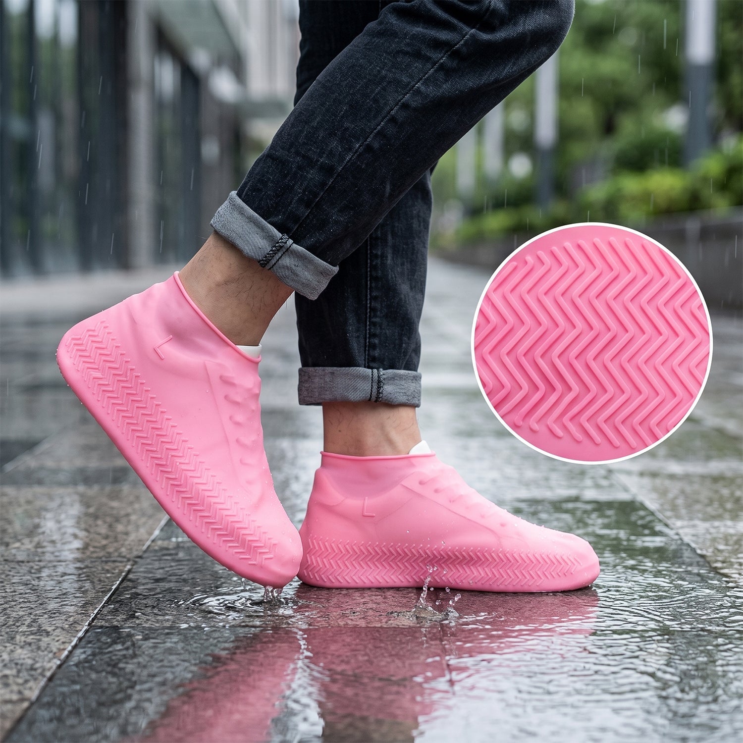 A person wears pink silicone shoe covers on a wet sidewalk; a circular inset shows a close-up of the zigzag tread pattern on