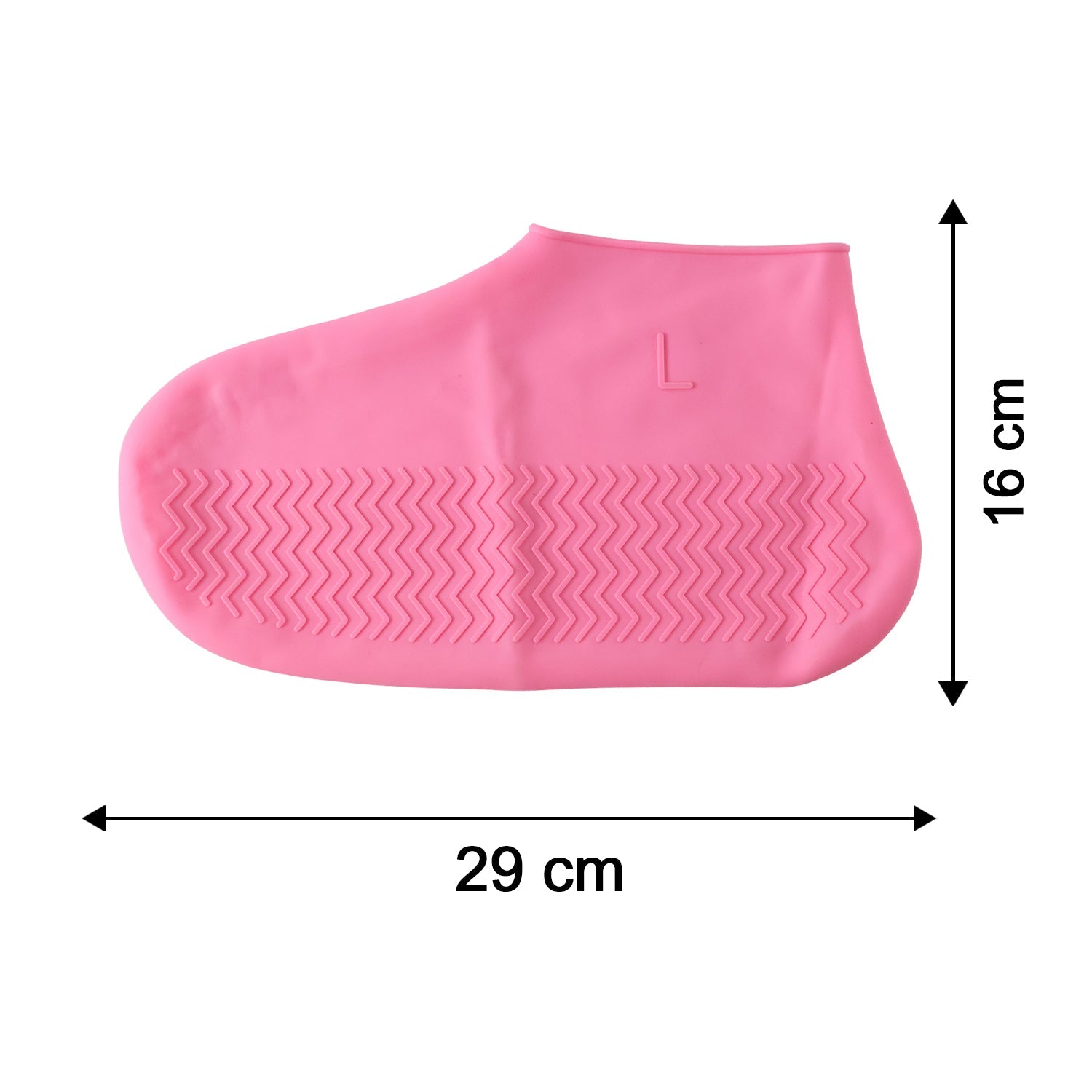 A single pink silicone shoe cover, marked with an L, is shown with dimensions: 29 cm long and 16 cm high.