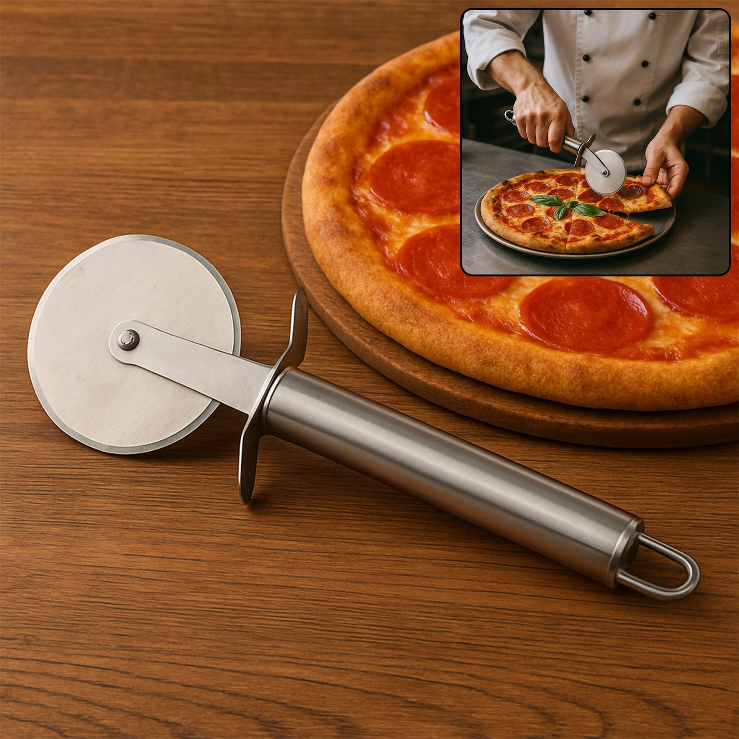 Premium stainless steel pizza cutter with ergonomic handle for effortless slicing