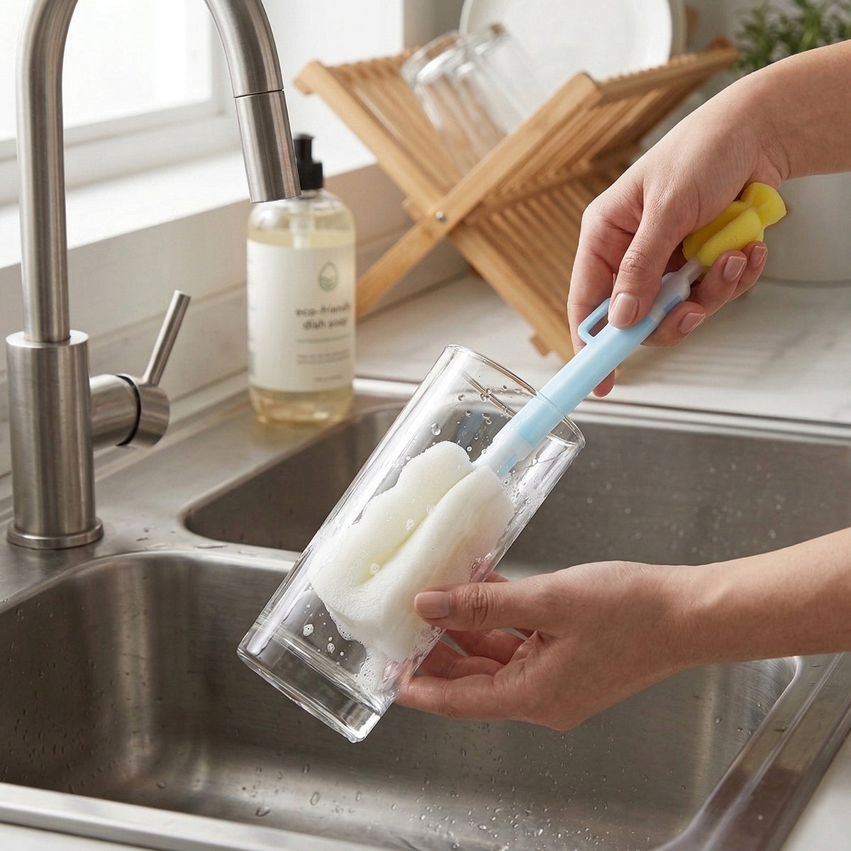Hands holding a clear glass being cleaned with a light blue and white bottle brush with a white sponge head in a kitchen
