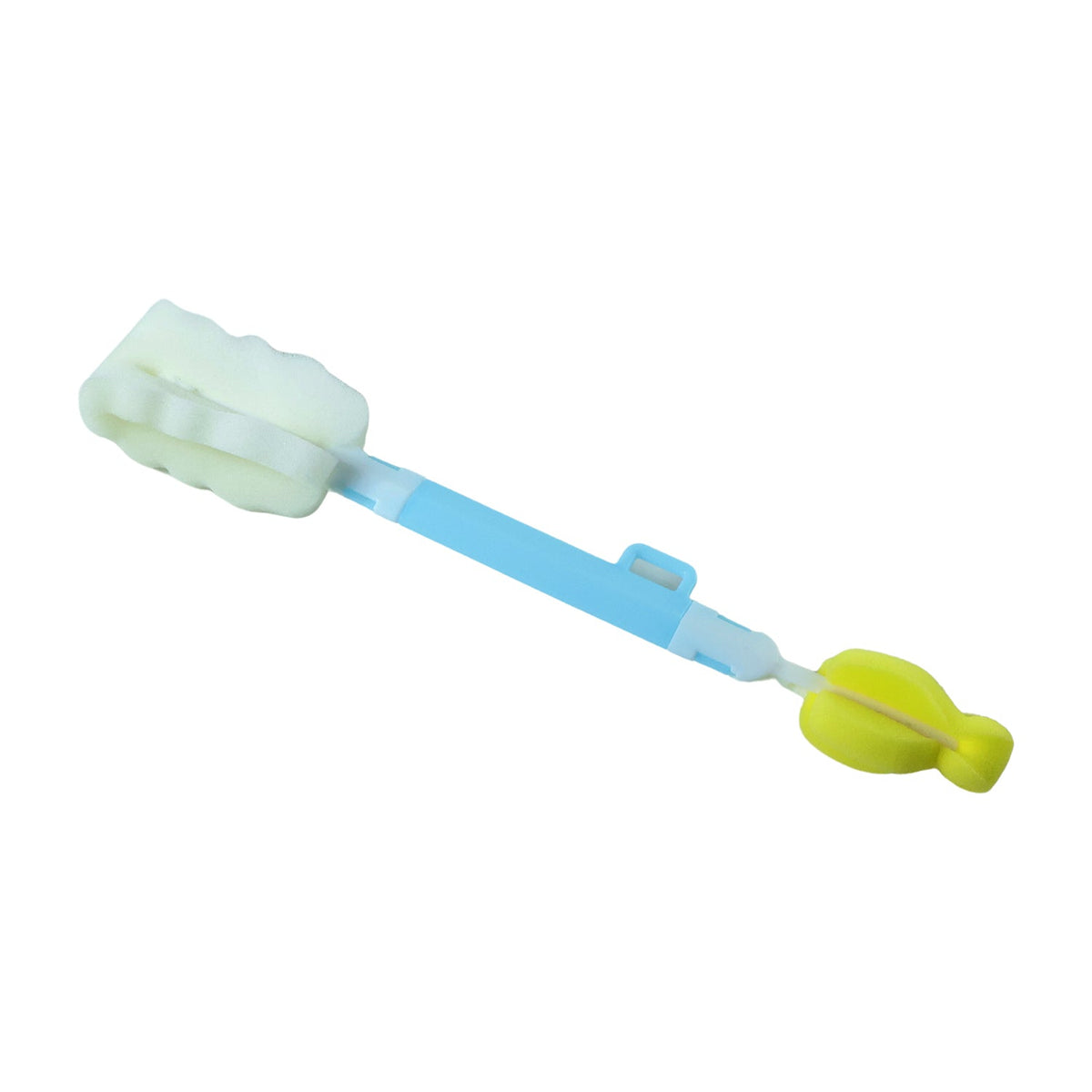 A light blue and white bottle brush with a white sponge head and a yellow sponge head, shown on a white background.