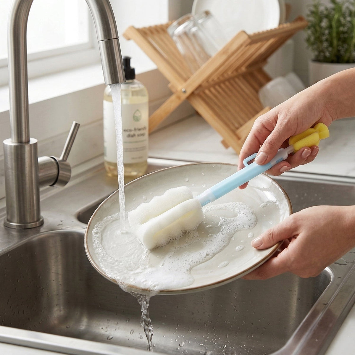 Hands cleaning a white plate with a light blue and white bottle brush with a white sponge head, under running water in a