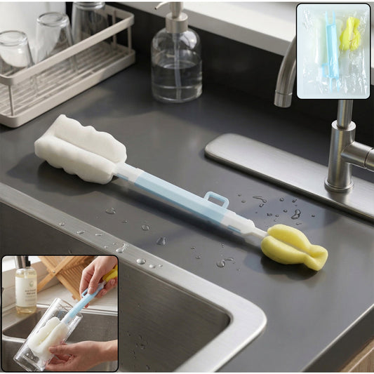 A light blue and white bottle brush with a yellow sponge head and a white sponge head, on a kitchen counter next to a sink.