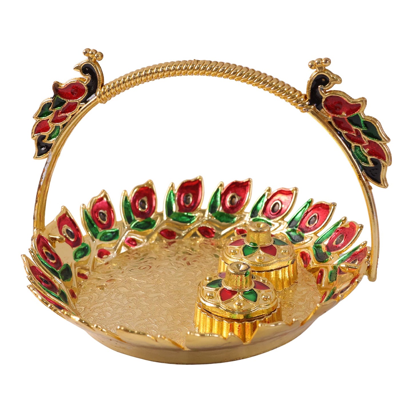 A golden kumkum dish with a peacock handle and two lidded containers on a white background.