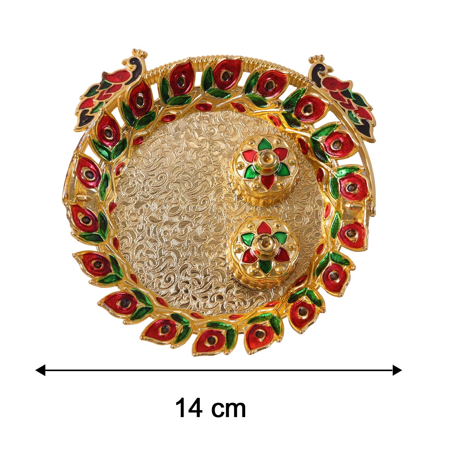 A top-down view of a golden kumkum dish with a peacock handle and two lidded containers, with a 14 cm measurement.