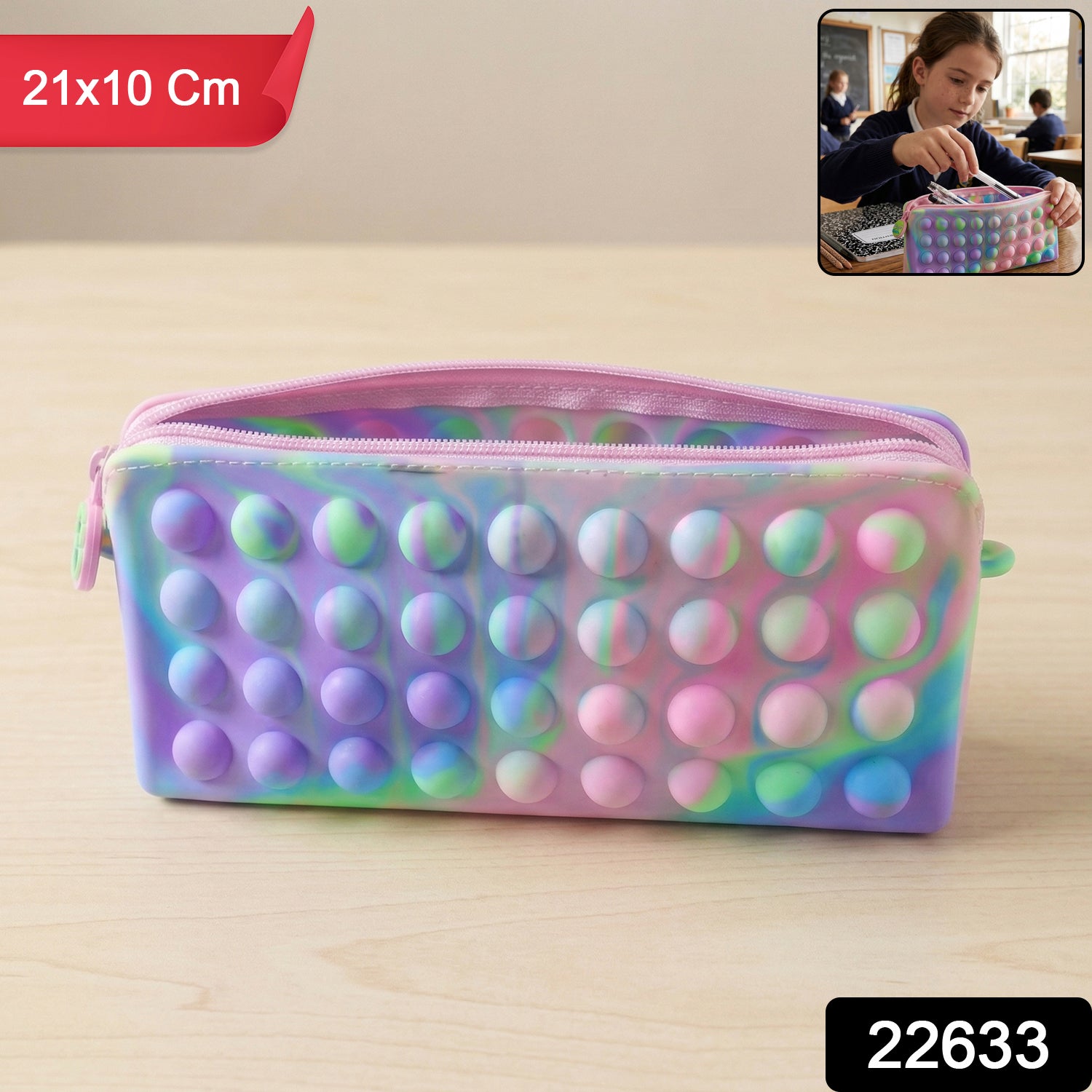Colorful silicone pencil case with zipper closure