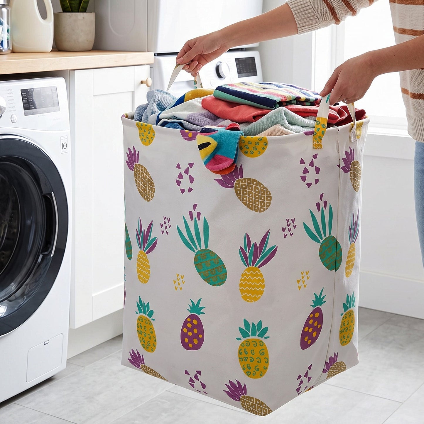Laundry basket filled with clothes in a bedroom