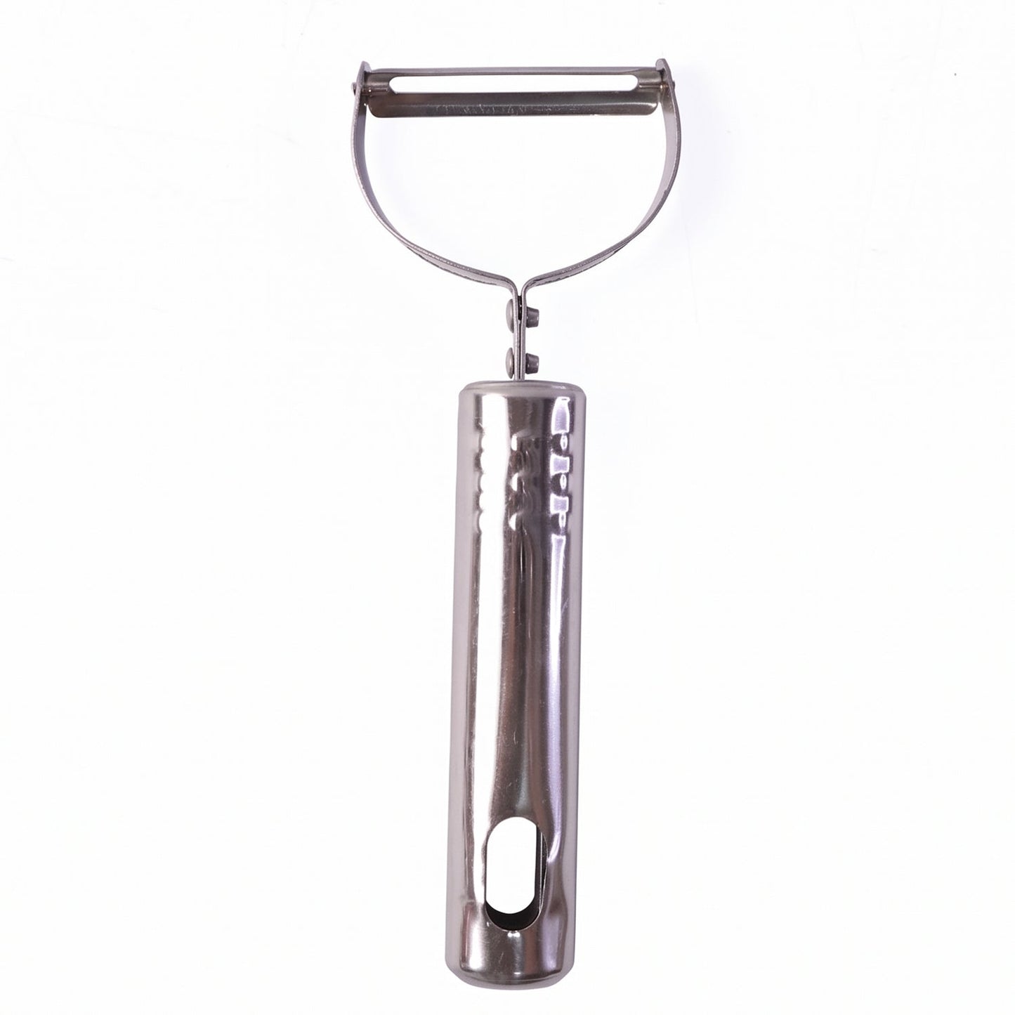 Stainless steel peeler on kitchen counter with peeled vegetables