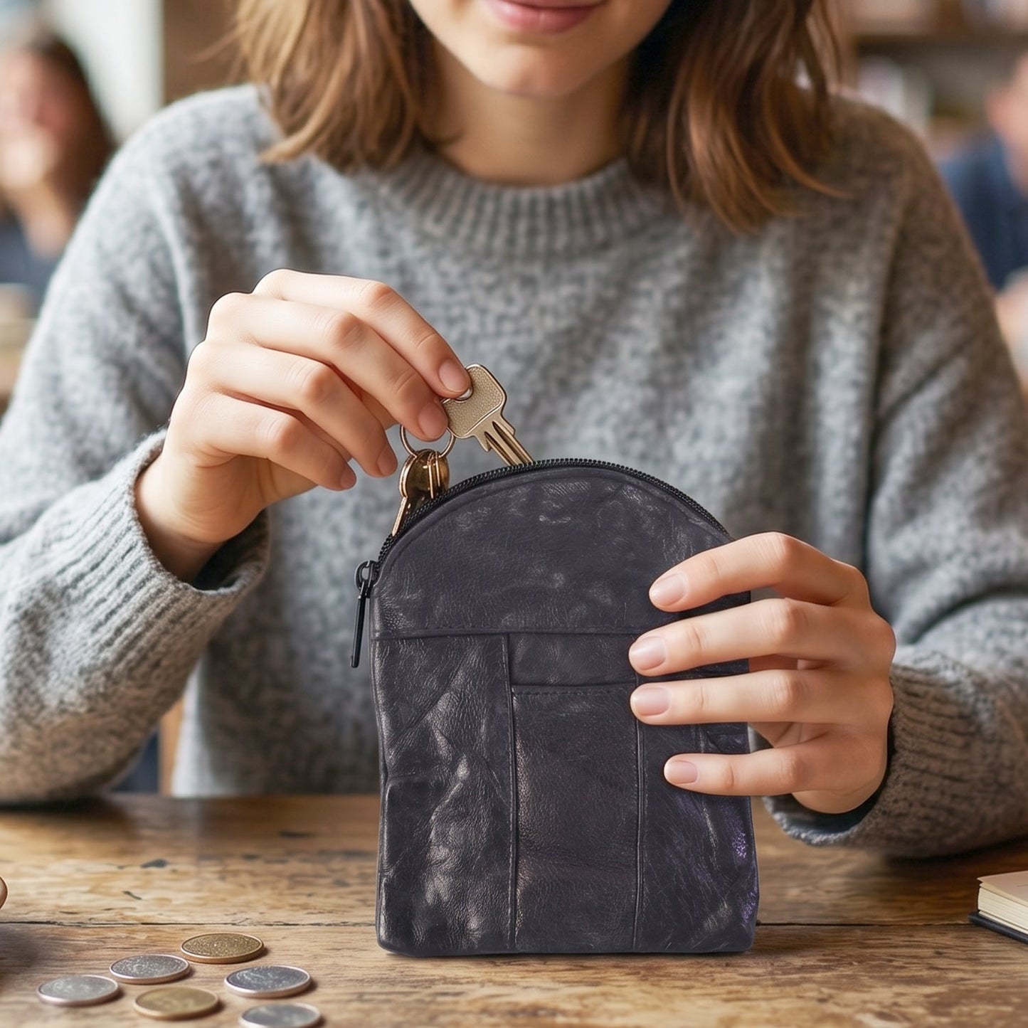 A person in a grey sweater holding a black leather pouch, placing keys inside it on a wooden table.