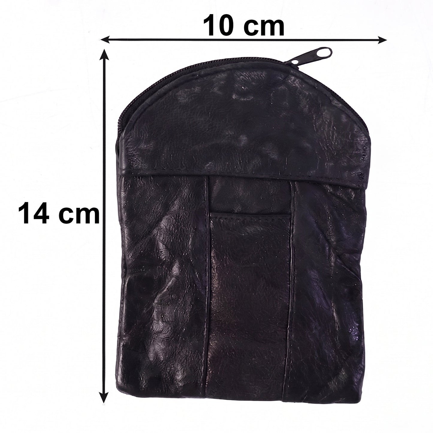 A black leather pouch with dimensions of 10 cm width and 14 cm height indicated by arrows.