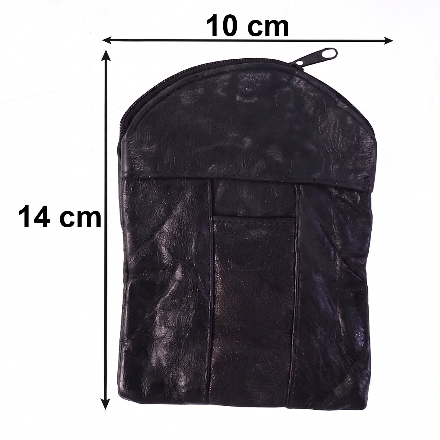 A black leather pouch with dimensions of 10 cm width and 14 cm height indicated by arrows.