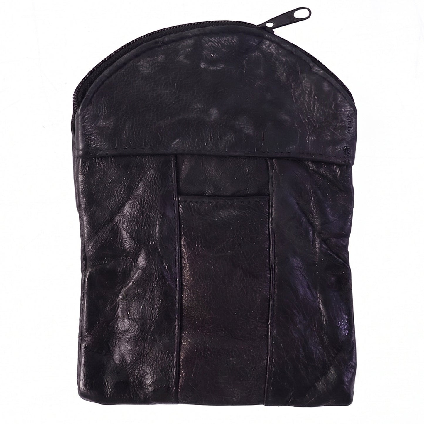 A black leather pouch with a textured surface and a top zipper closure, isolated against a white background.