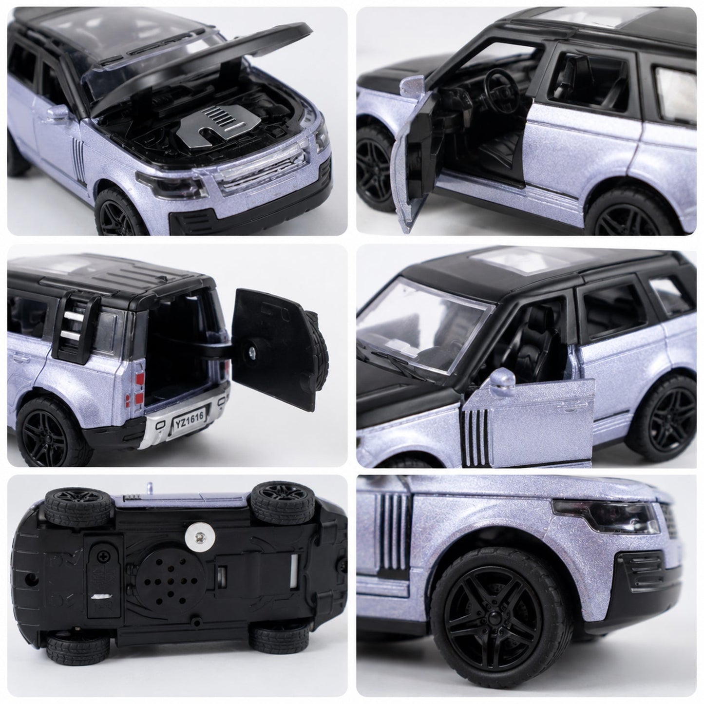 A collage of six close-up views of the silver and black toy SUV, showing open hood, doors, trunk, and undercarriage.