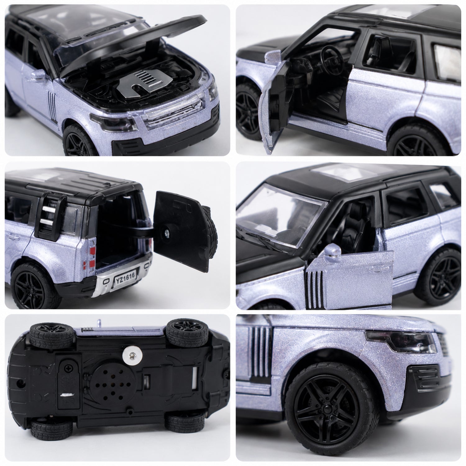 A collage of six close-up views of the silver and black toy SUV, showing open hood, doors, trunk, and undercarriage.