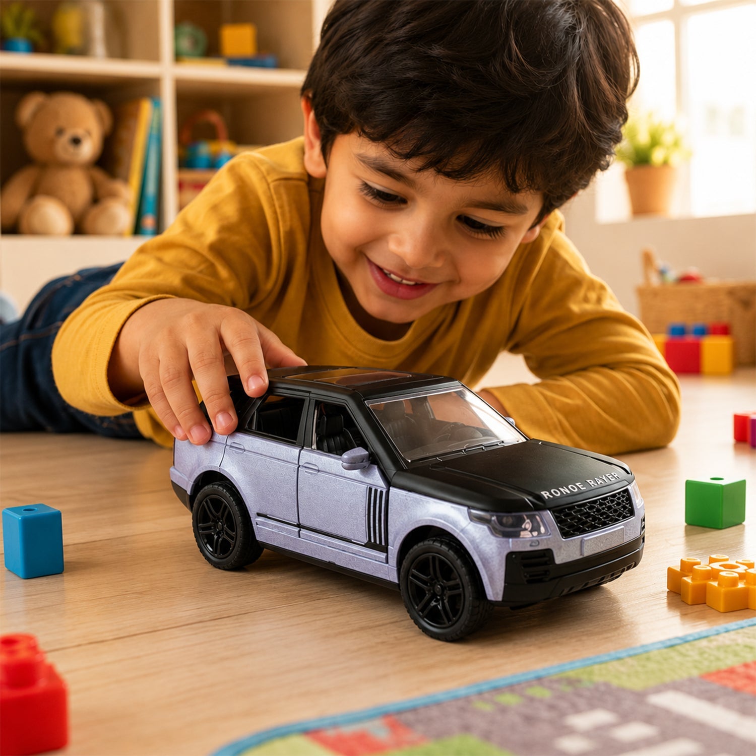 A child in a yellow shirt plays with a silver and black toy SUV on a wooden floor surrounded by colorful blocks.