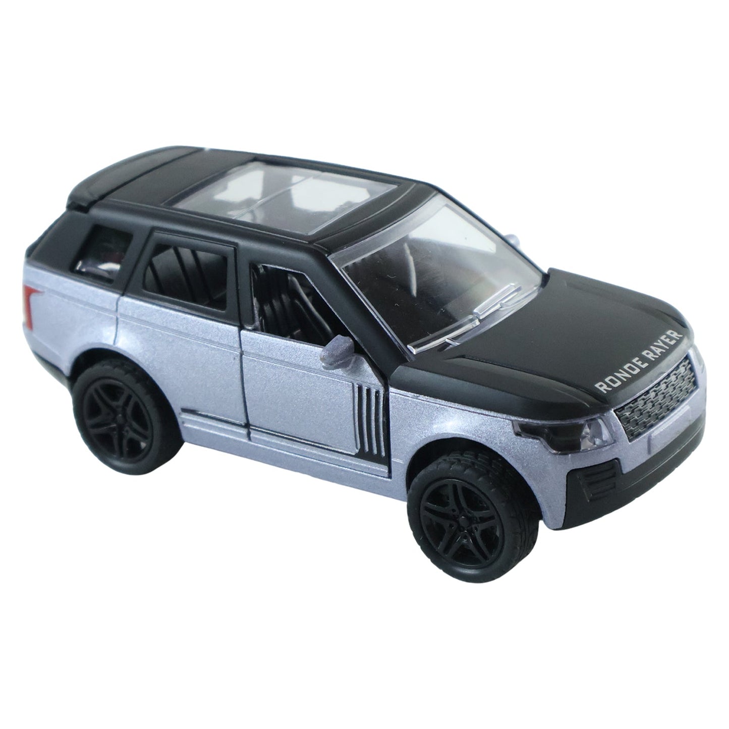 A silver and black die-cast toy SUV with a transparent roof is shown at an angle on a white background.