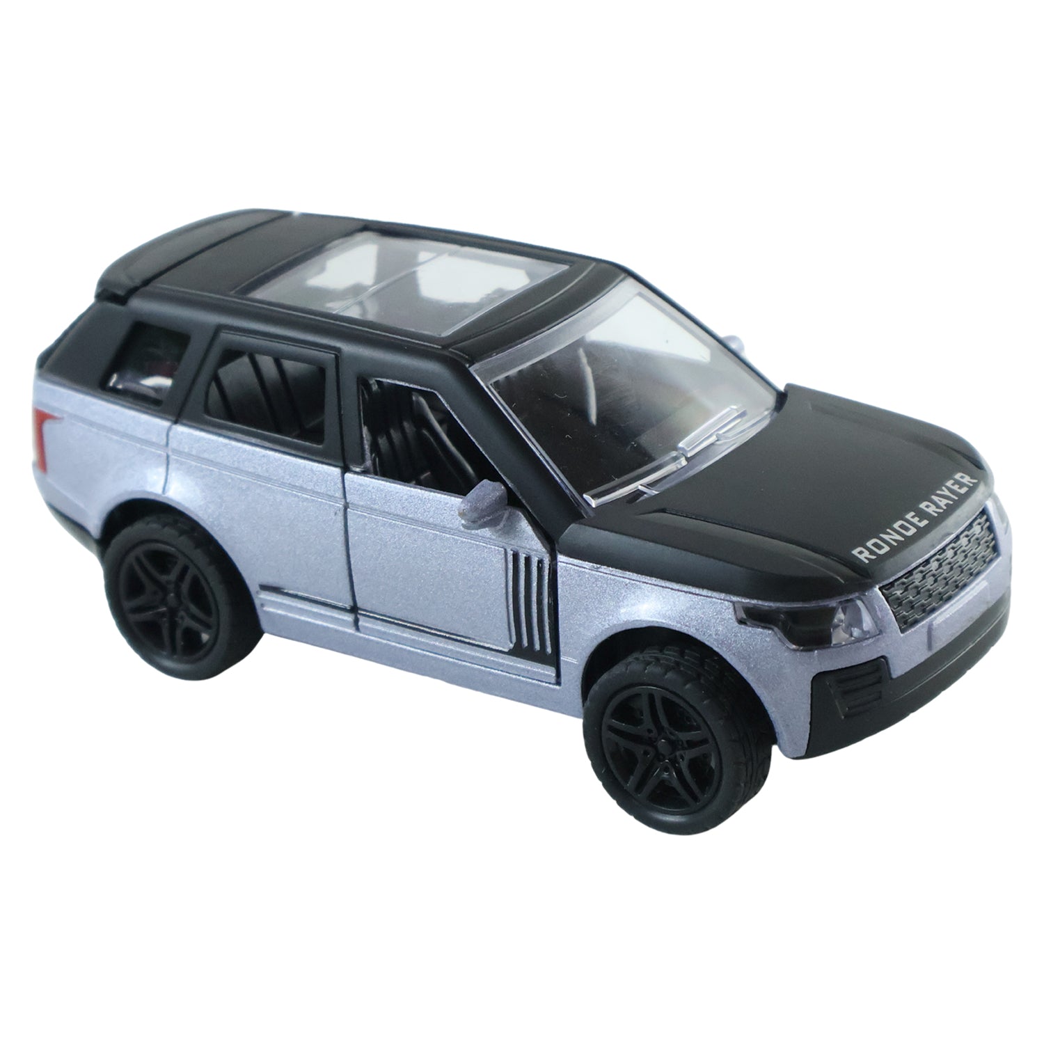 A silver and black die-cast toy SUV with a transparent roof is shown at an angle on a white background.