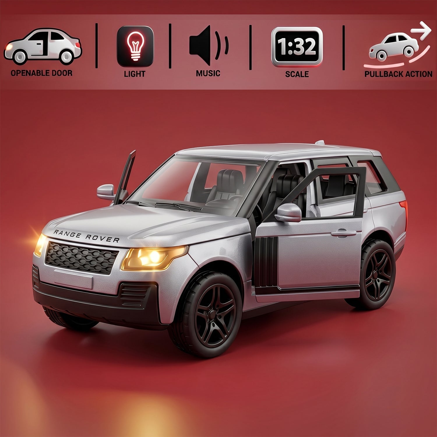 A silver die-cast toy SUV with all four doors open and headlights on, against a red background with feature icons.