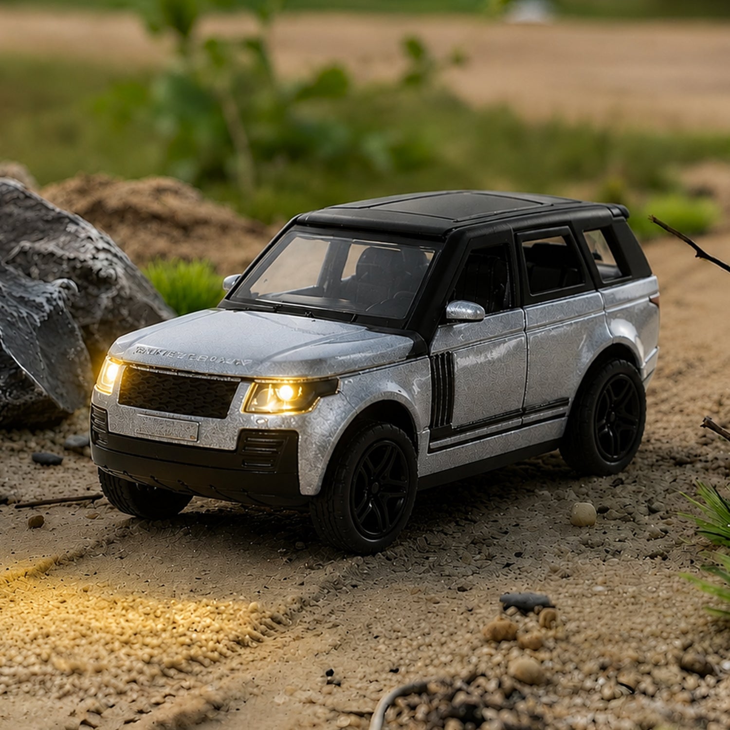 A silver and black die-cast toy SUV with headlights on, casting light on a dirt path with rocks and green foliage.