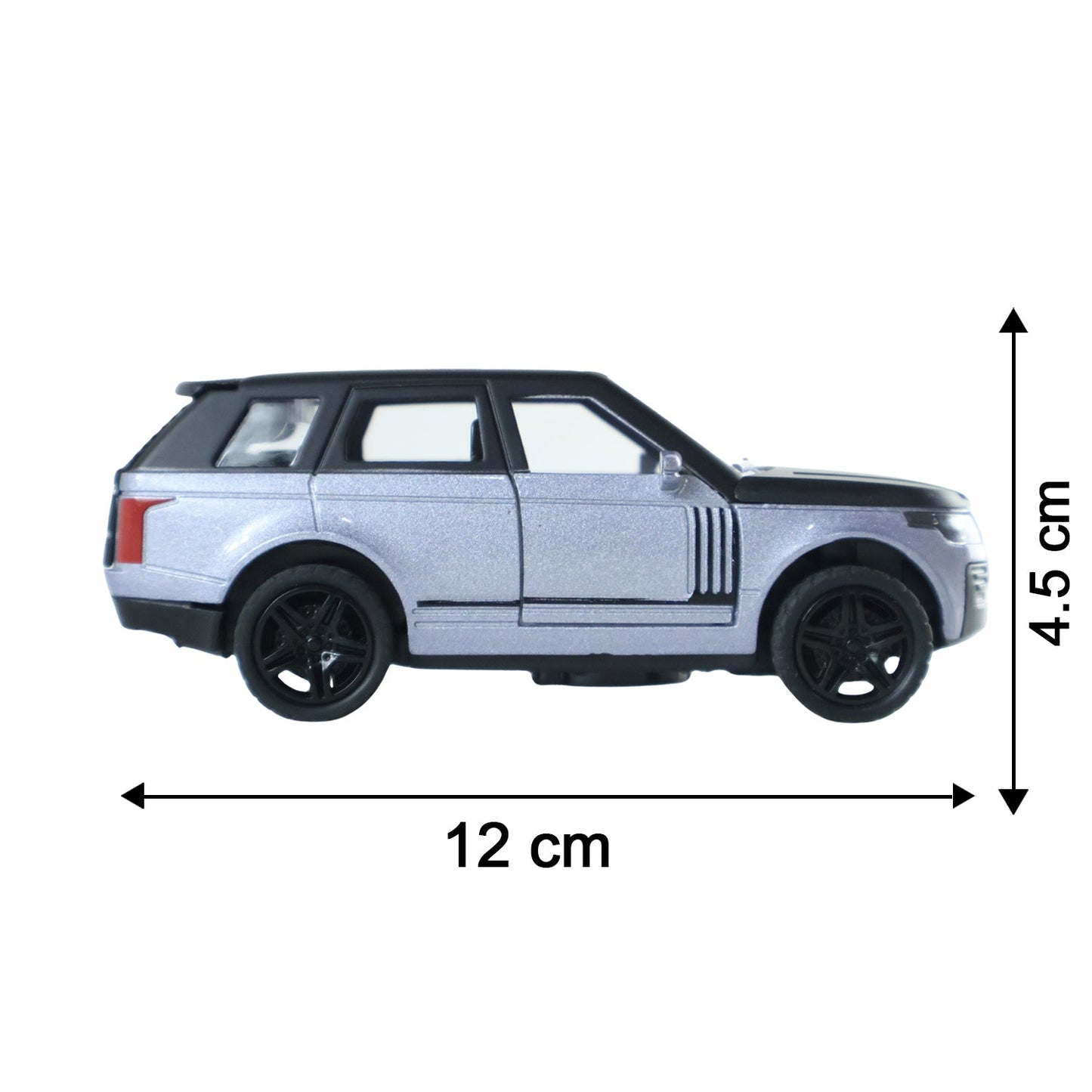 A side view of the silver and black die-cast toy SUV with dimensions 12 cm length and 4.5 cm height.