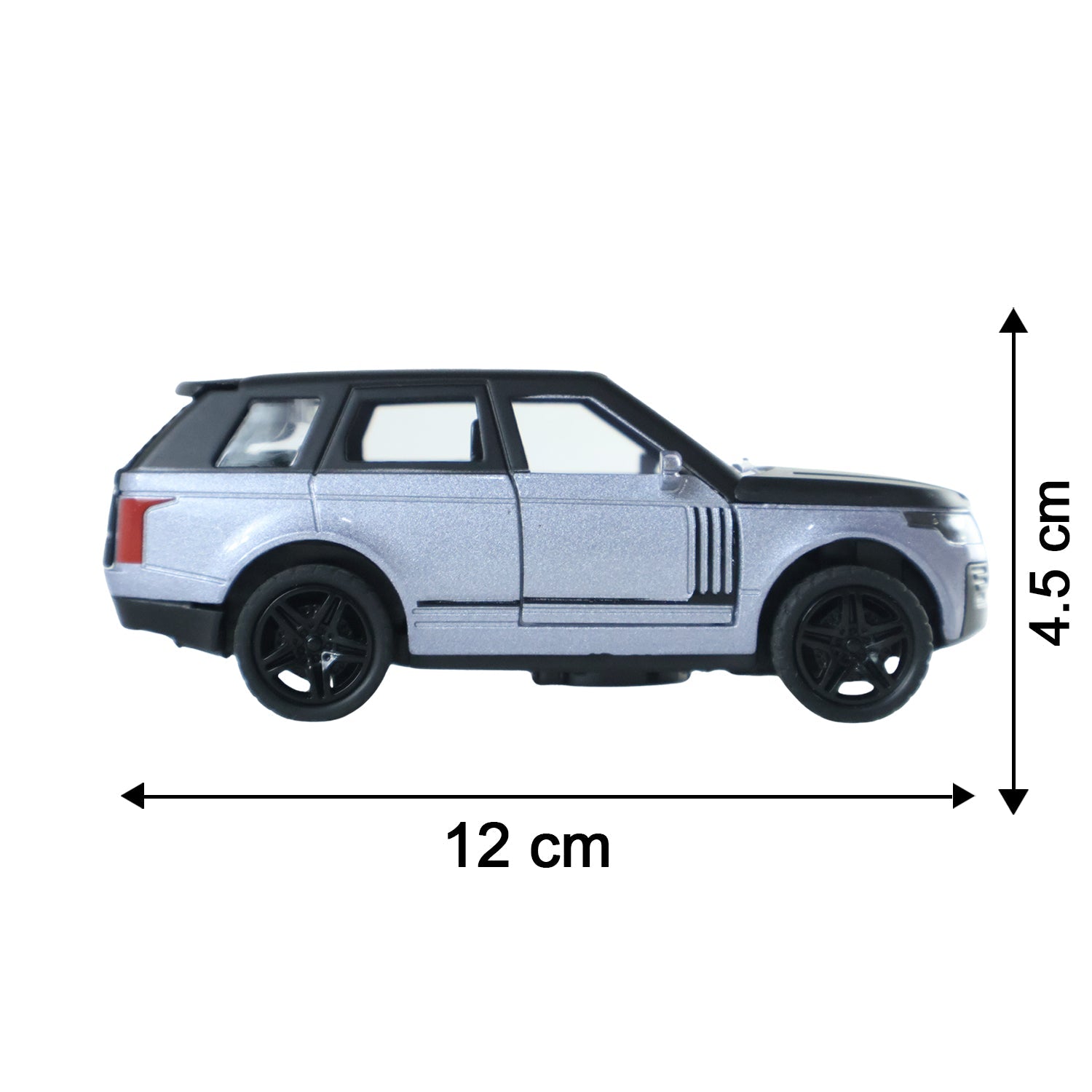 A side view of the silver and black die-cast toy SUV with dimensions 12 cm length and 4.5 cm height.
