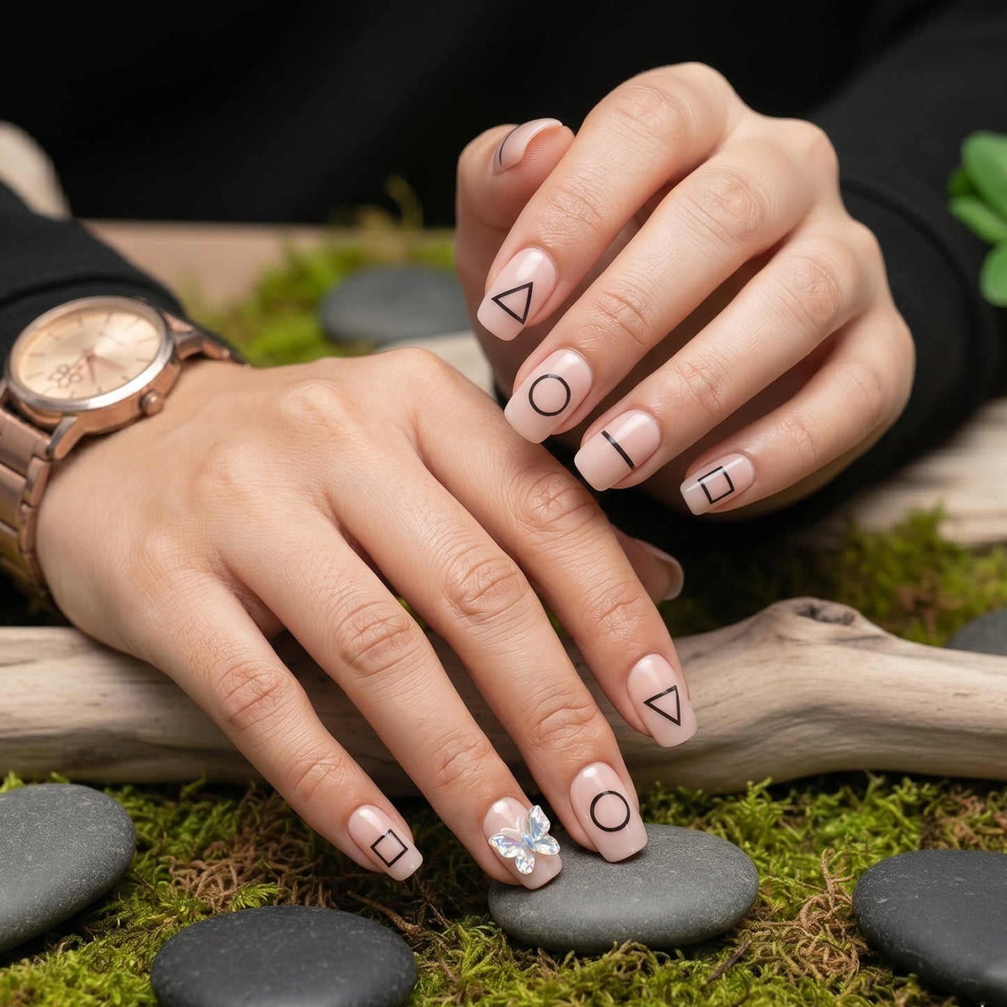 Hands with nude press-on nails featuring black geometric designs and one iridescent bow, resting on mossy rocks.