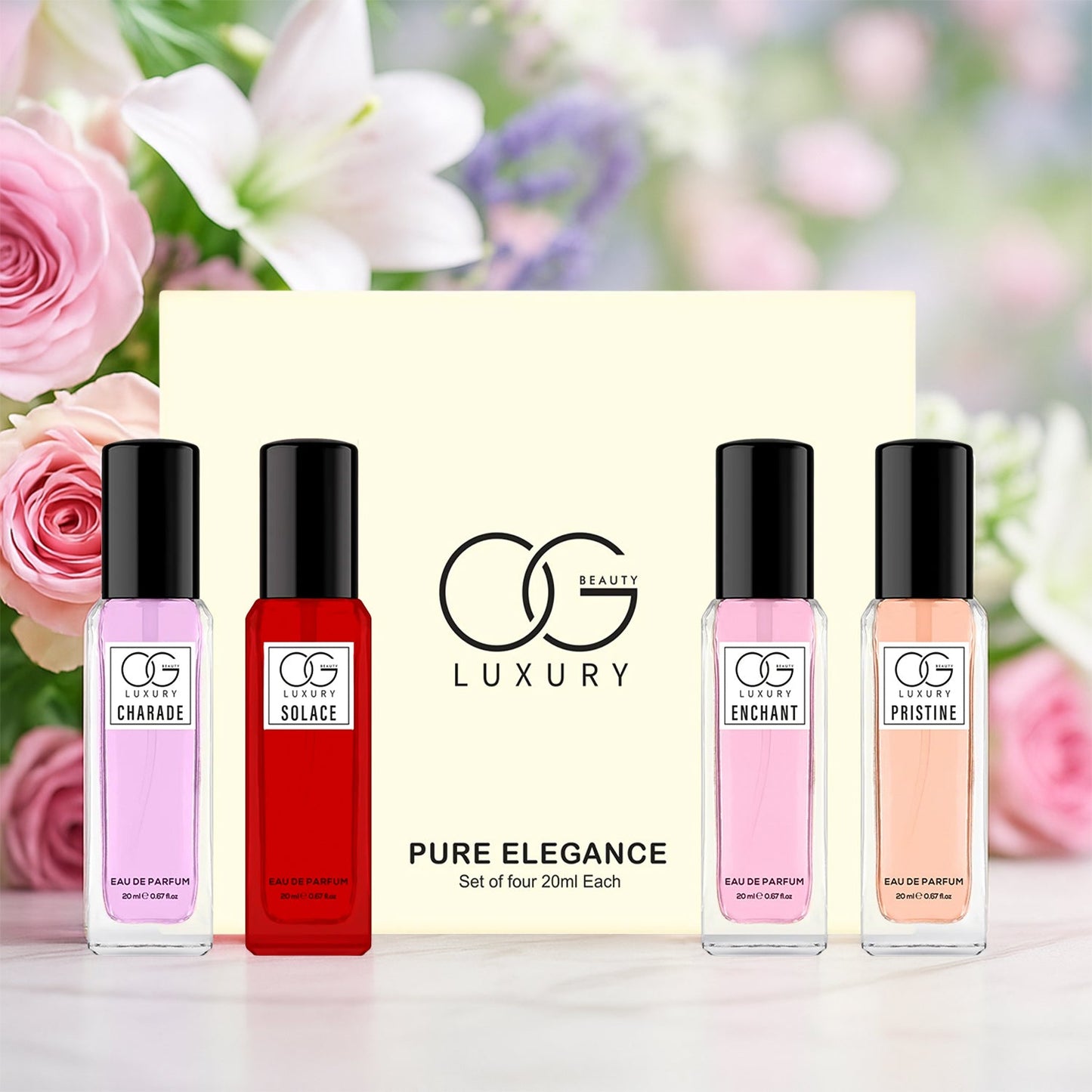 Pure Elegance Eau De Parfum Gift Set showing four sleek 20ml unisex fragrance bottles