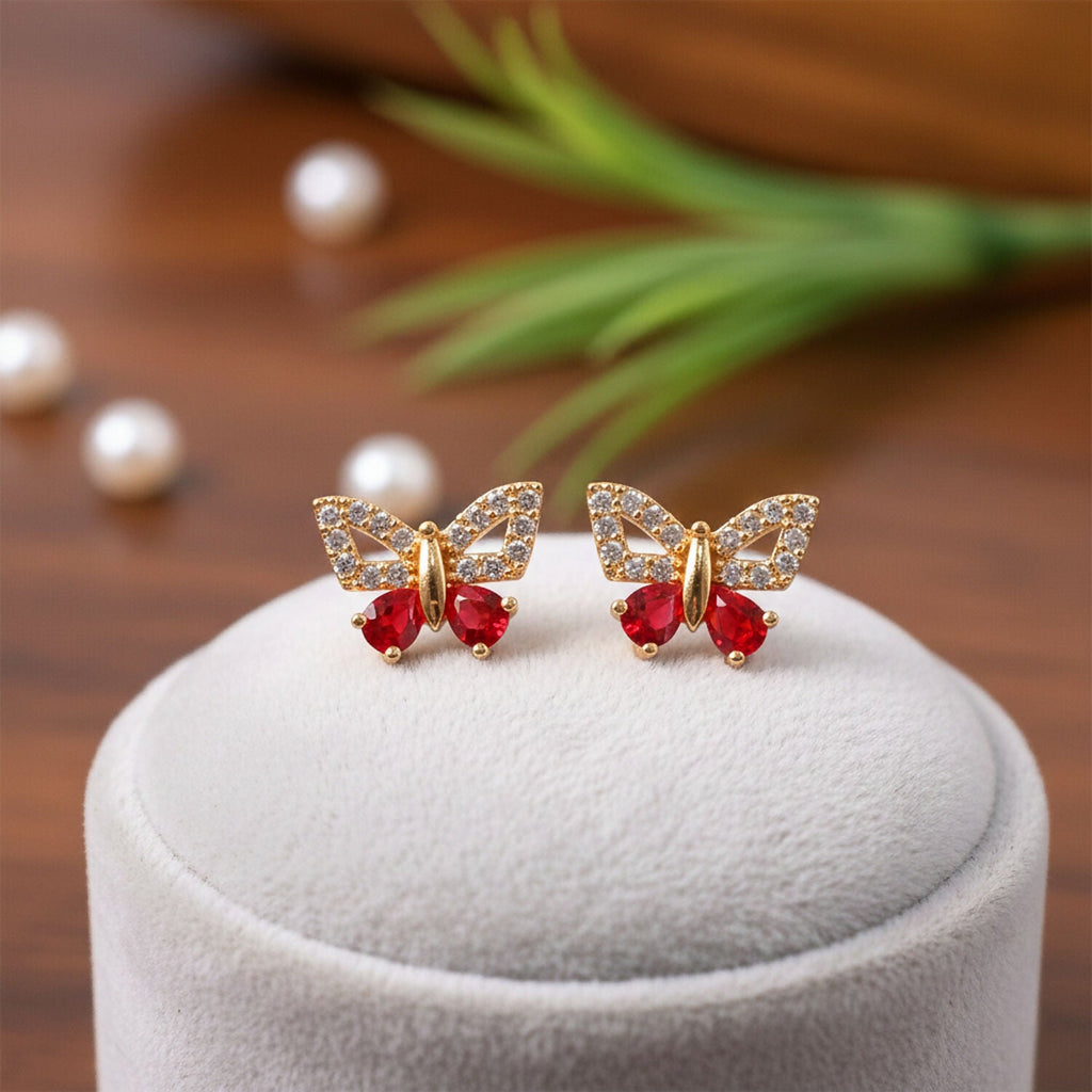 Butterfly Shape CZ Stud Earrings with Red Stone for Women & Girls