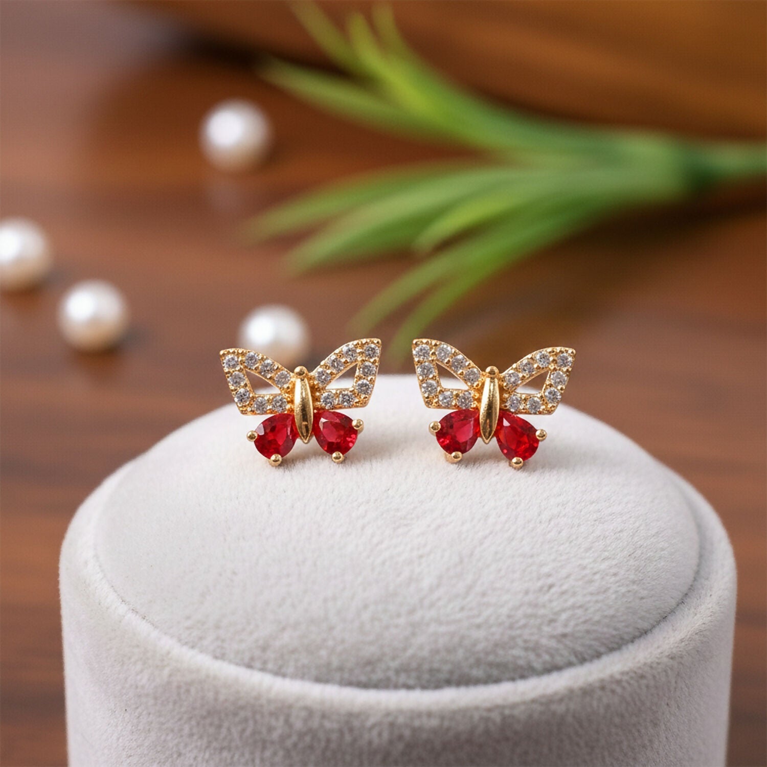 Butterfly Shape CZ Stud Earrings with Red Stone for Women & Girls