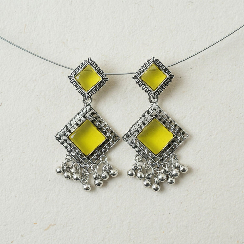 Traditional Indian Oxidised Dangler Earrings with Square Yellow Monalisa Stones