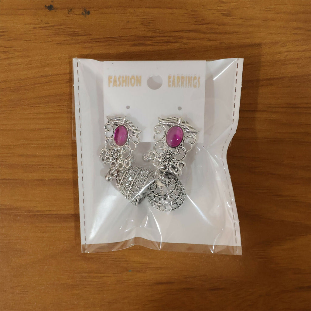 Traditional Silver Jhumka Earrings with Pink Stone & Intricate Filigree Design