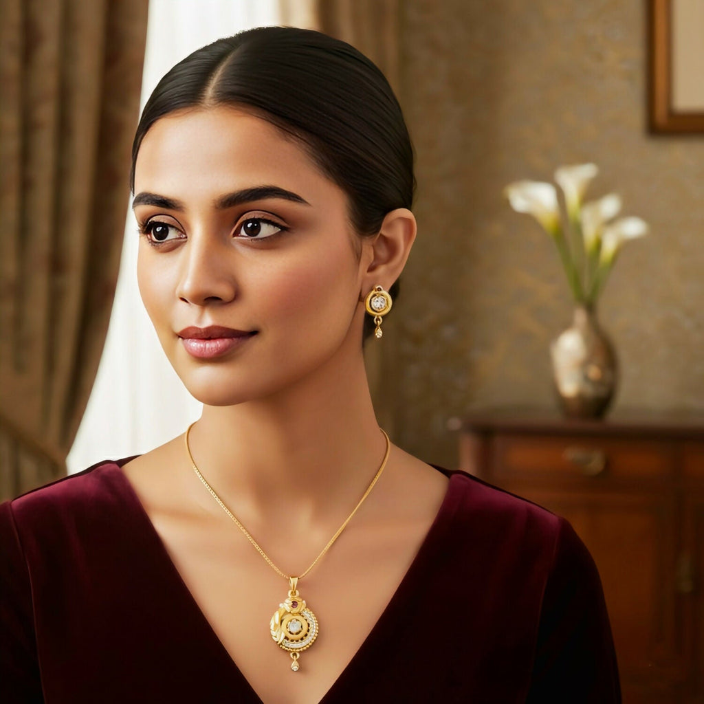 Gold-Plated Circular Pendant Necklace with Matching Drop Earrings set