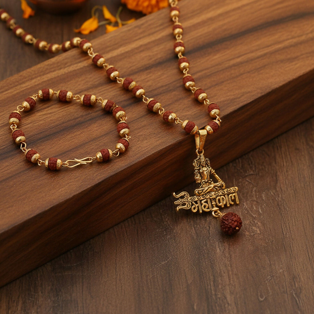 Shiv Mahakal Pendant With Rudraksha Mala & Bracelet Combo