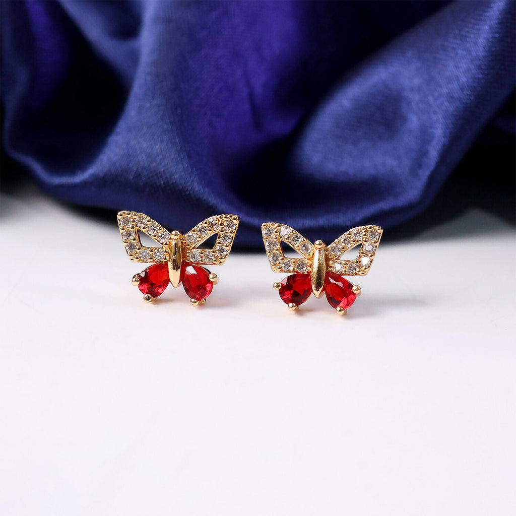 Butterfly Shape CZ Stud Earrings with Red Stone for Women & Girls